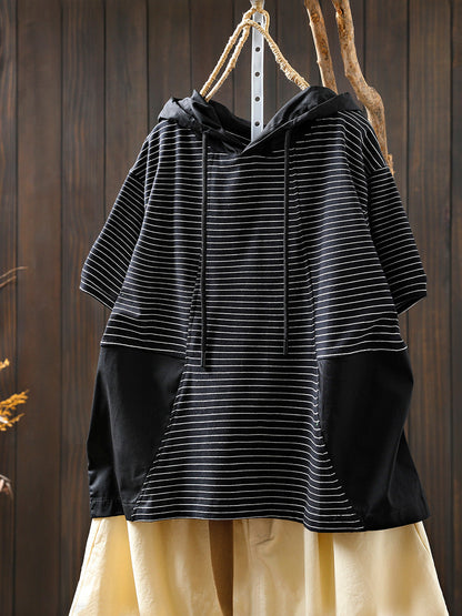Spliced Cotton Shirt Summer Hooded Stripe Casual Women