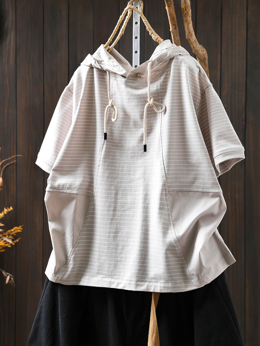 Spliced Cotton Shirt Summer Hooded Stripe Casual Women