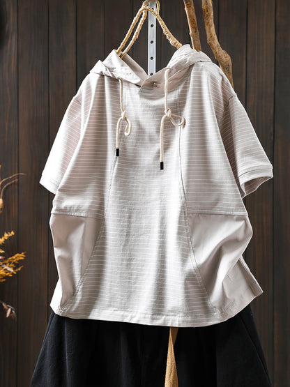 Spliced Cotton Shirt Summer Hooded Stripe Casual Women