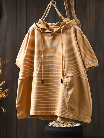 Spliced Cotton Shirt Summer Hooded Stripe Casual Women
