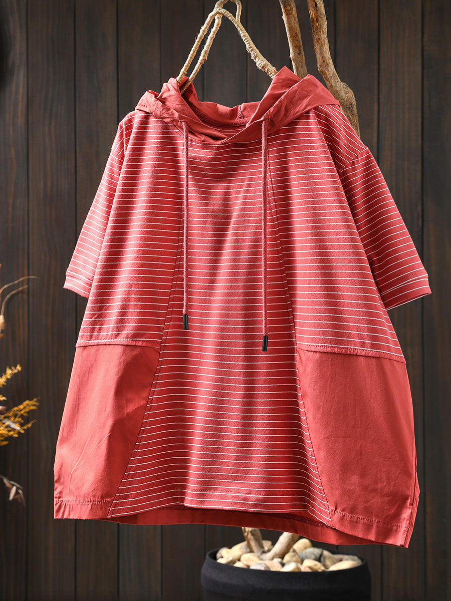 Spliced Cotton Shirt Summer Hooded Stripe Casual Women