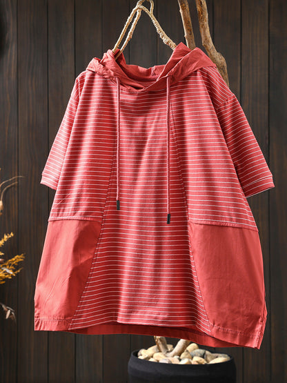 Spliced Cotton Shirt Summer Hooded Stripe Casual Women