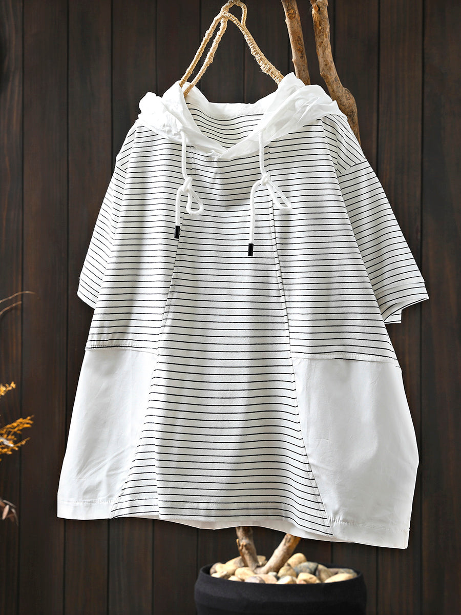 Spliced Cotton Shirt Summer Hooded Stripe Casual Women