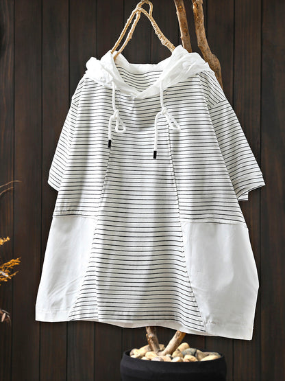 Spliced Cotton Shirt Summer Hooded Stripe Casual Women