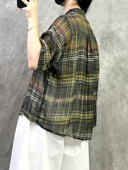 Retro Shirt Women Summer V-Neck Plaid Ramie
