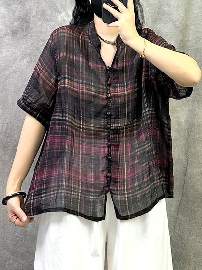 Retro Shirt Women Summer V-Neck Plaid Ramie