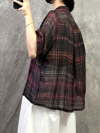 Retro Shirt Women Summer V-Neck Plaid Ramie