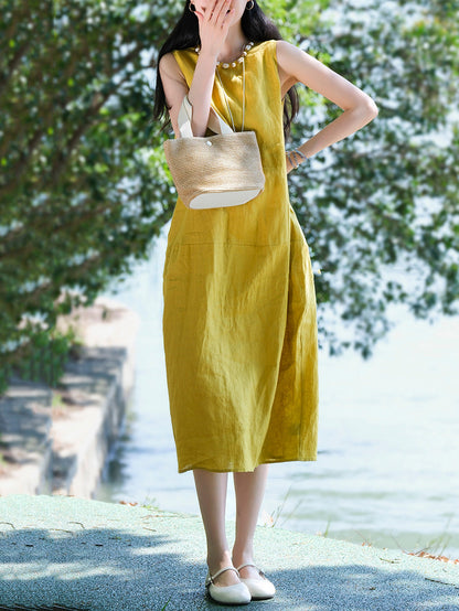 Women Sleeveless Summer 100%Linen Dress O-Neck