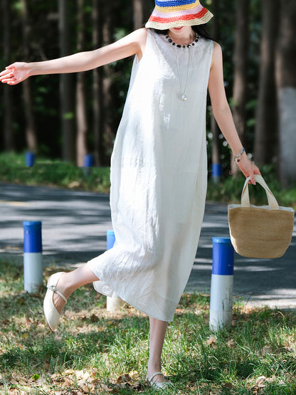 Women Sleeveless Summer 100%Linen Dress O-Neck