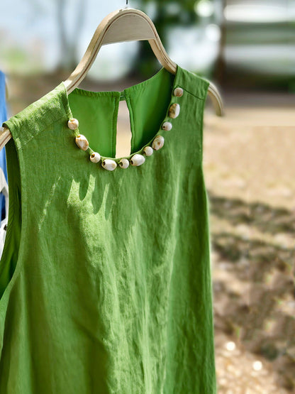 Women Sleeveless Summer 100%Linen Dress O-Neck