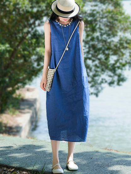 Women Sleeveless Summer 100%Linen Dress O-Neck