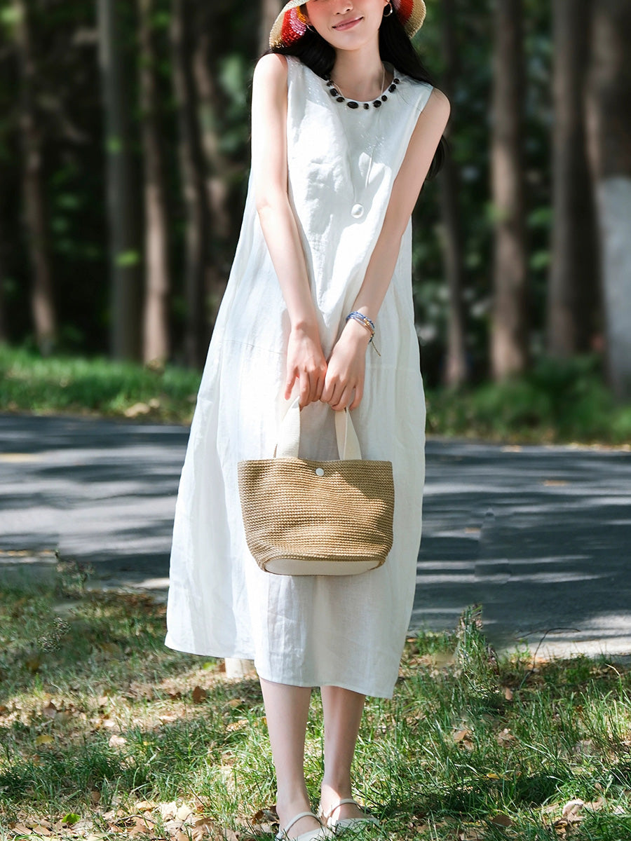 Women Sleeveless Summer 100%Linen Dress O-Neck