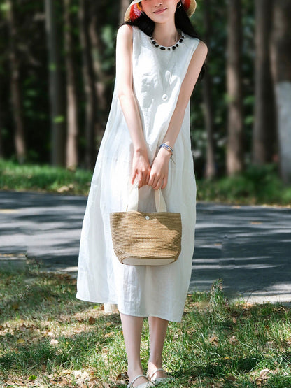 Women Sleeveless Summer 100%Linen Dress O-Neck