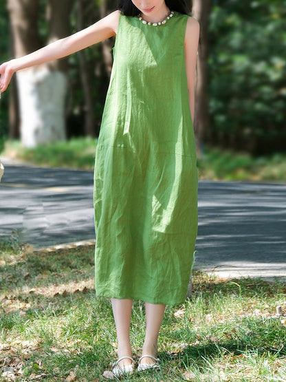Women Sleeveless Summer 100%Linen Dress O-Neck