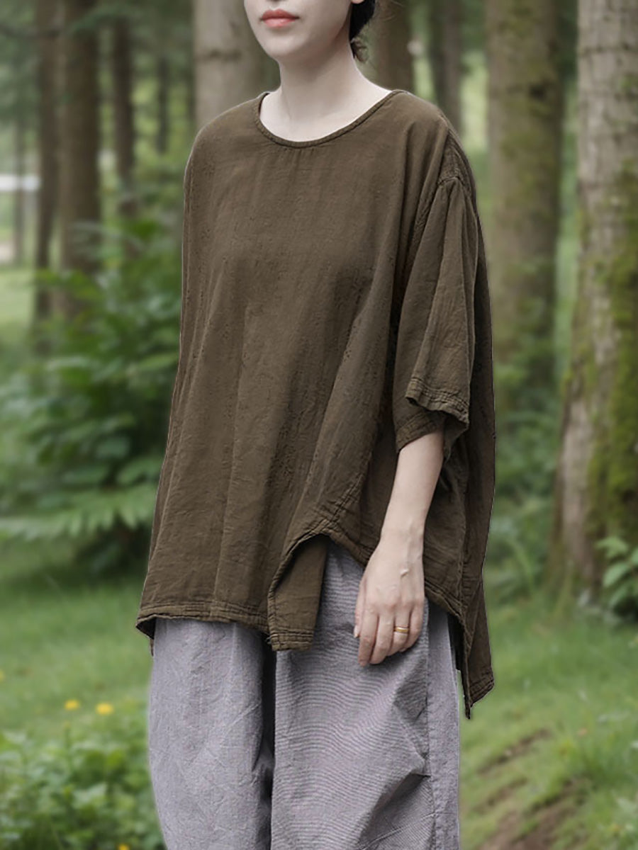 Casual Summer 100%Cotton O-Neck Pure Women Color Shirt