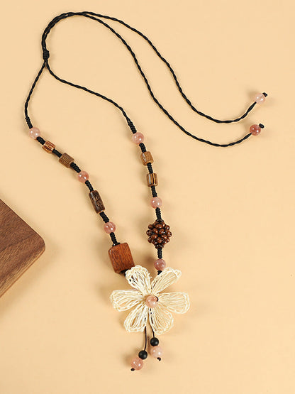 Straw Wooden Women Flower Bead Necklace Artsy