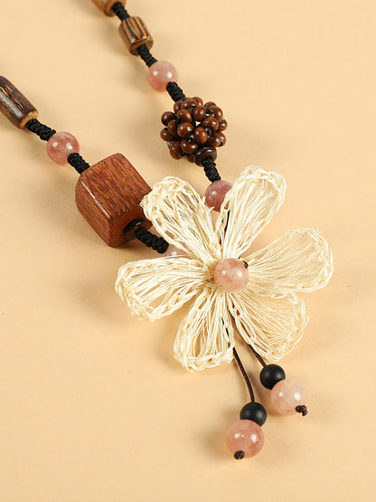 Straw Wooden Women Flower Bead Necklace Artsy