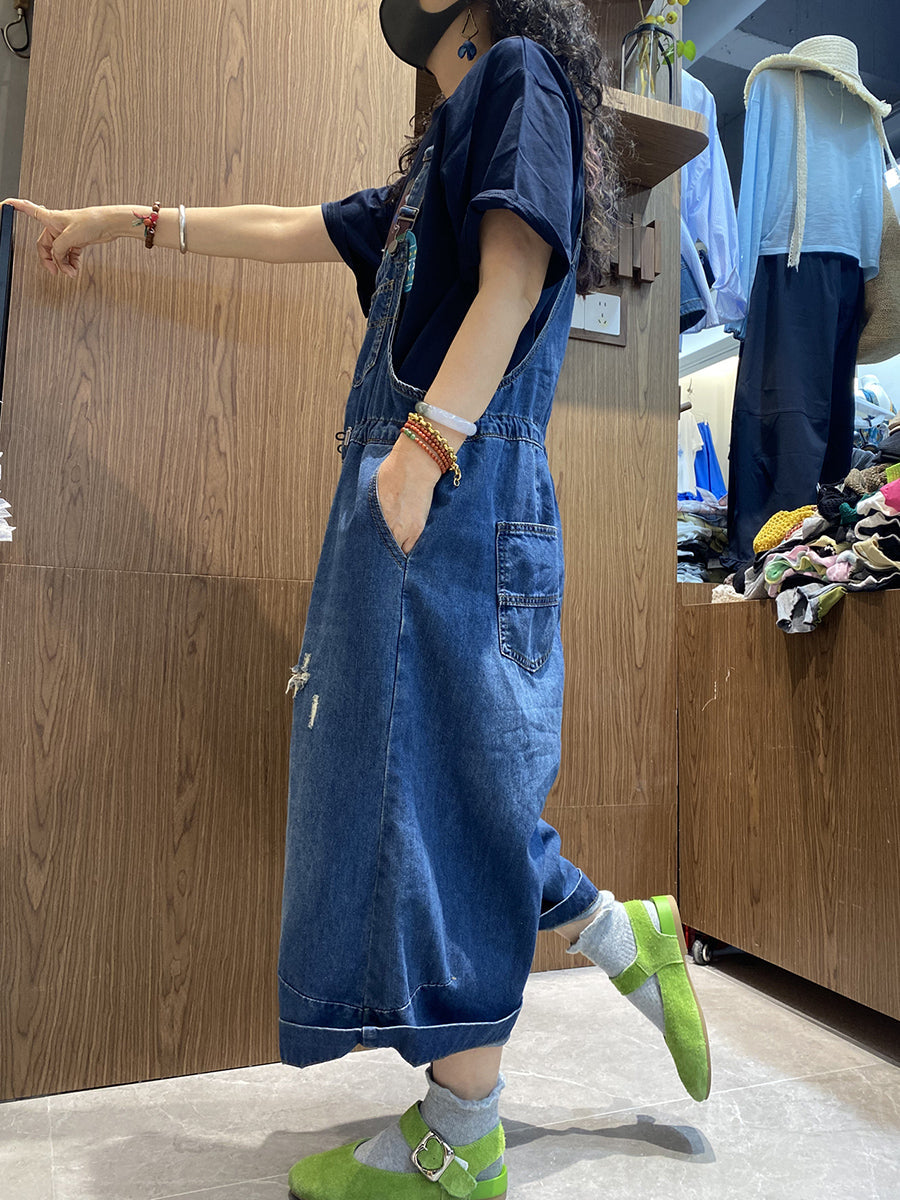 Color Women Retro Summer Jumpsuits Denim Pure Frayed Long