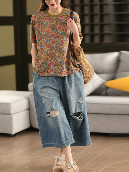 Retro O-Neck 100%Cotton Women Flower Summer Shirt