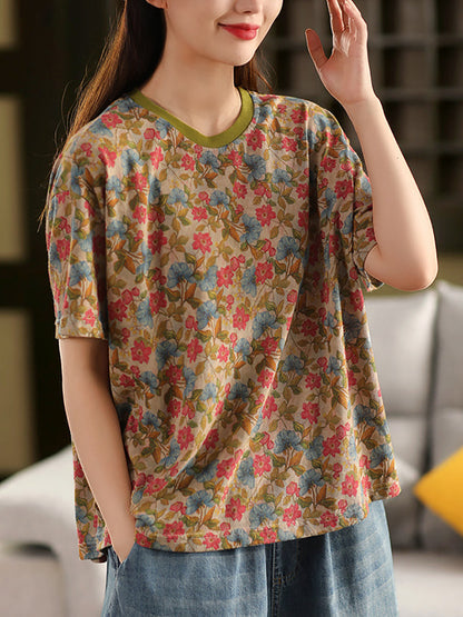 Retro O-Neck 100%Cotton Women Flower Summer Shirt