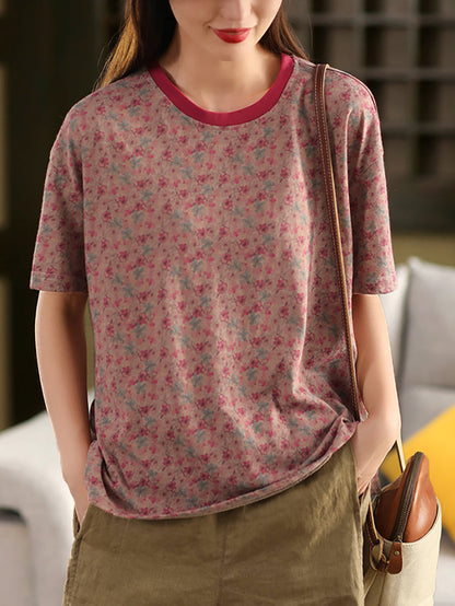 Retro O-Neck 100%Cotton Women Flower Summer Shirt