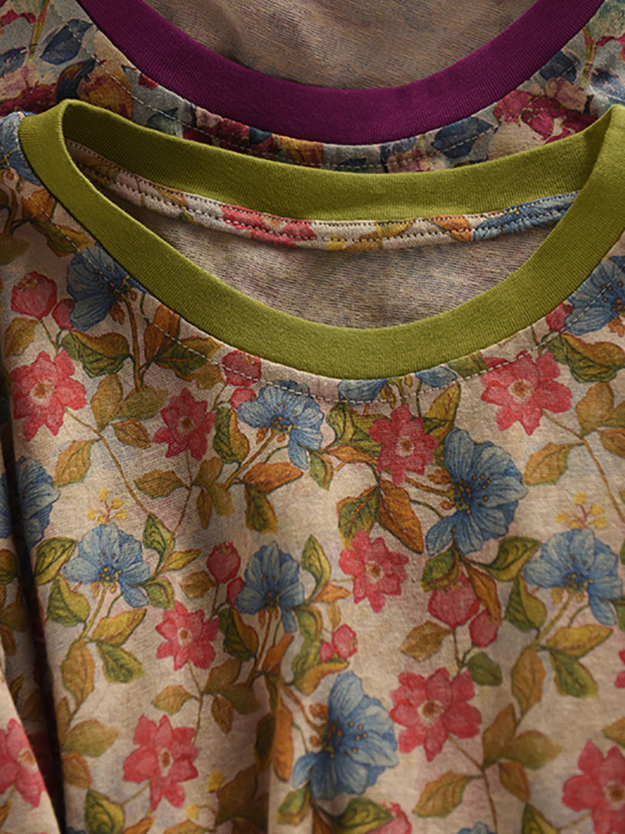 Retro O-Neck 100%Cotton Women Flower Summer Shirt