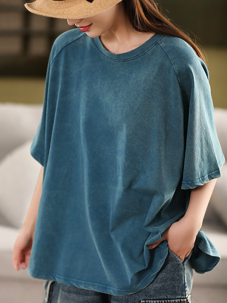 Summer 100%Cotton Women Shirt O-Neck Pure Color Casual