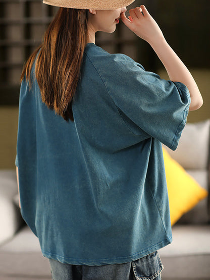 Summer 100%Cotton Women Shirt O-Neck Pure Color Casual