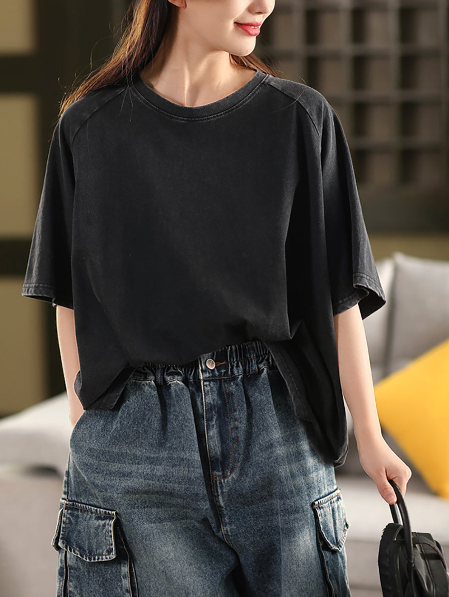 Summer 100%Cotton Women Shirt O-Neck Pure Color Casual