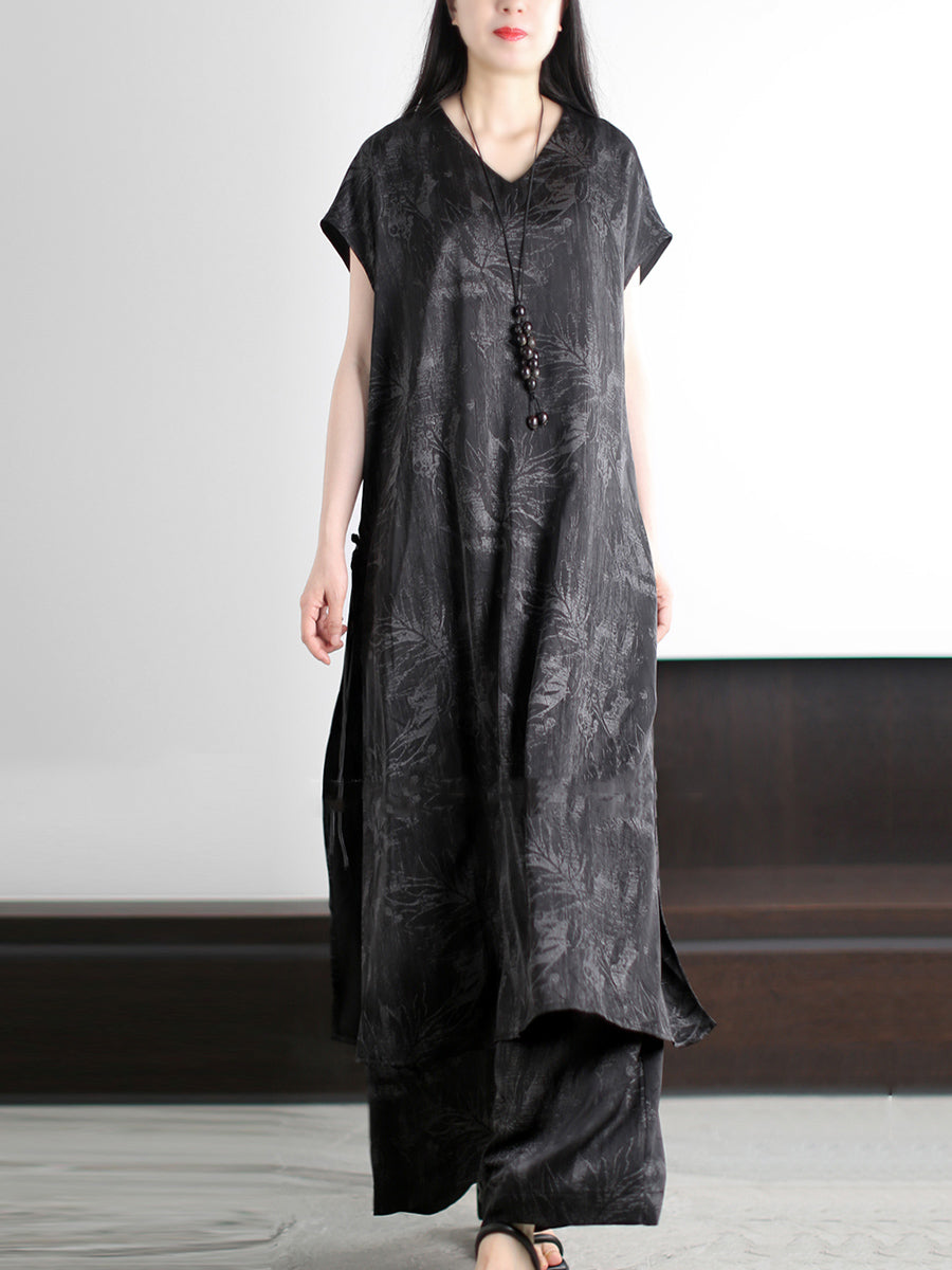 Vintage Summer Suits Flower Loose V-Neck Women