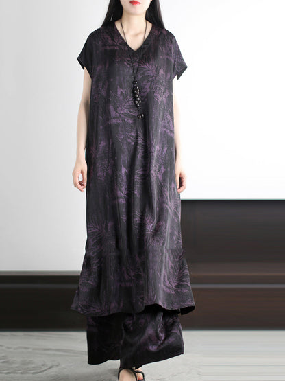 Vintage Summer Suits Flower Loose V-Neck Women