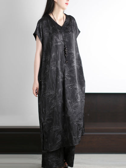 Vintage Summer Suits Flower Loose V-Neck Women