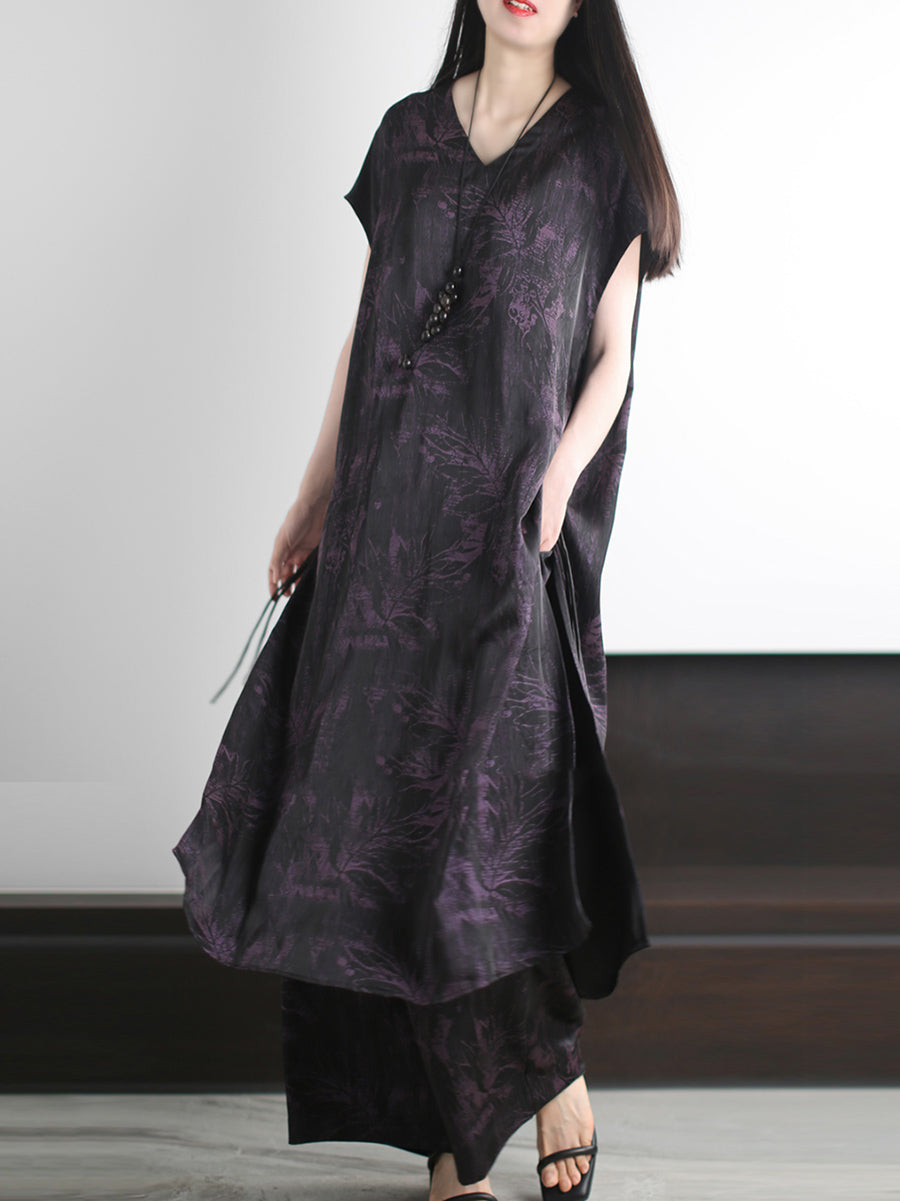 Vintage Summer Suits Flower Loose V-Neck Women