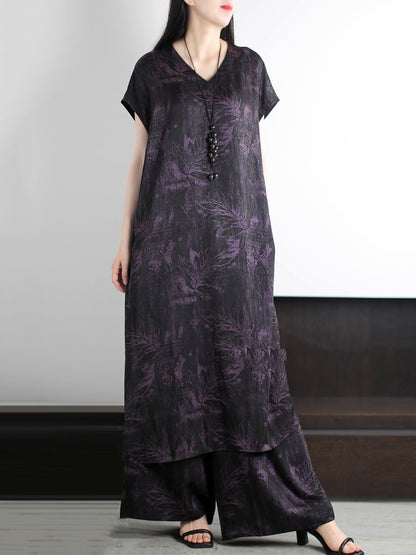 Vintage Summer Suits Flower Loose V-Neck Women