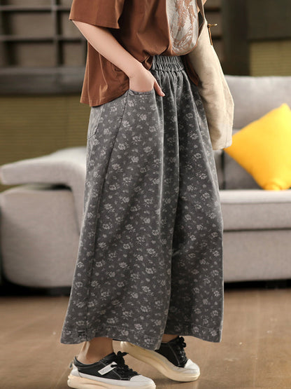 Worn Denim Wide-leg Floral Women Loose Pants