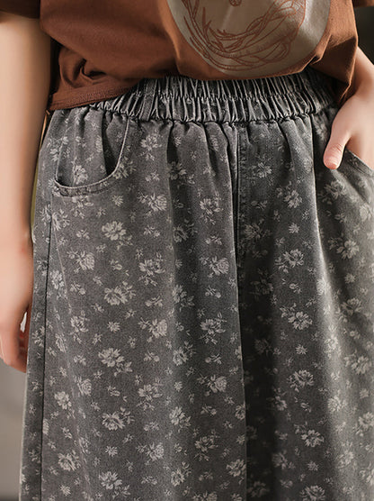 Worn Denim Wide-leg Floral Women Loose Pants