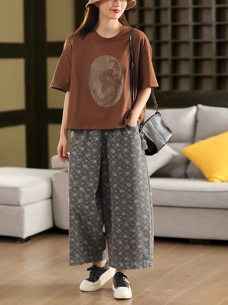 Worn Denim Wide-leg Floral Women Loose Pants