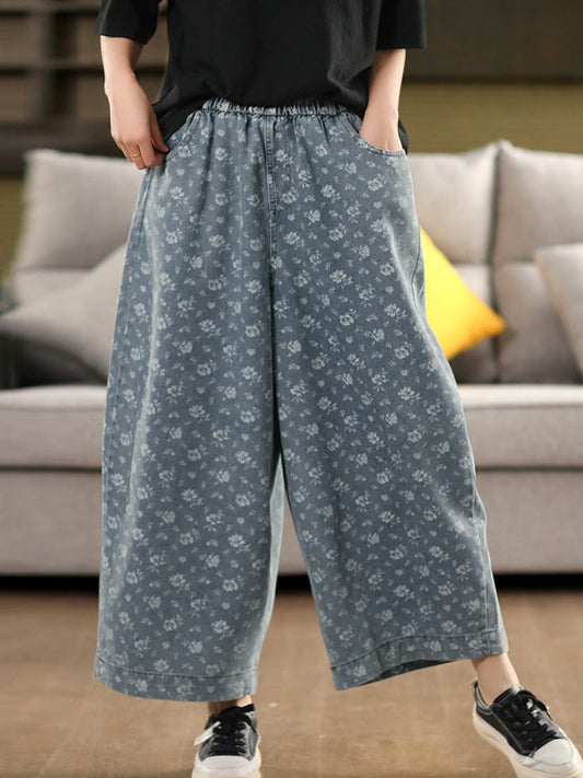 Worn Denim Wide-leg Floral Women Loose Pants