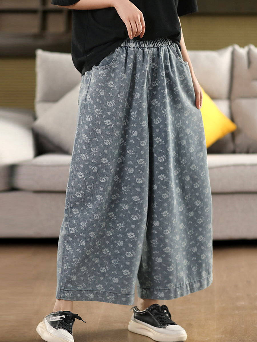 Worn Denim Wide-leg Floral Women Loose Pants