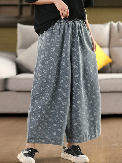 Worn Denim Wide-leg Floral Women Loose Pants