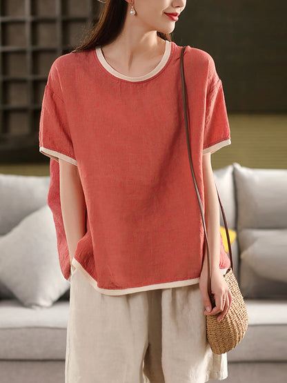 Plaid O-Neck Artsy 100%Hemp Summer Shirt Colorblock Women