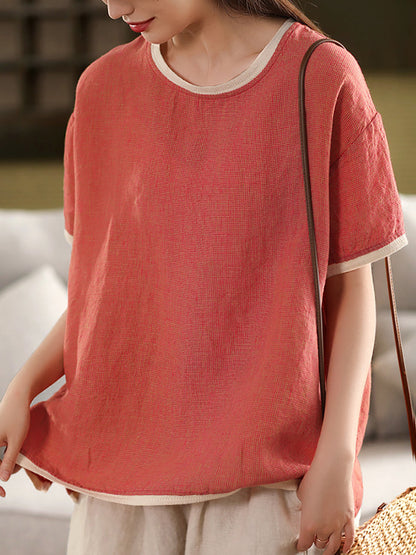 Plaid O-Neck Artsy 100%Hemp Summer Shirt Colorblock Women