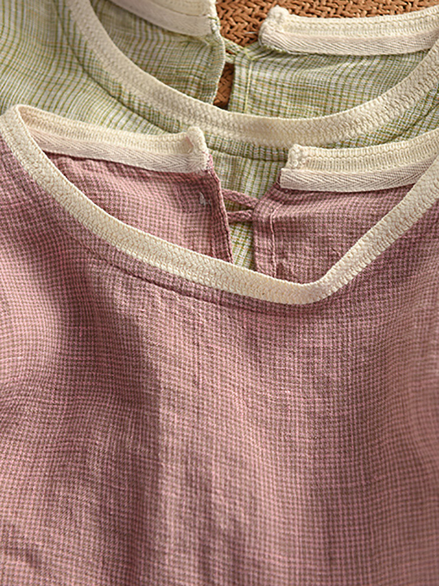 Plaid O-Neck Artsy 100%Hemp Summer Shirt Colorblock Women