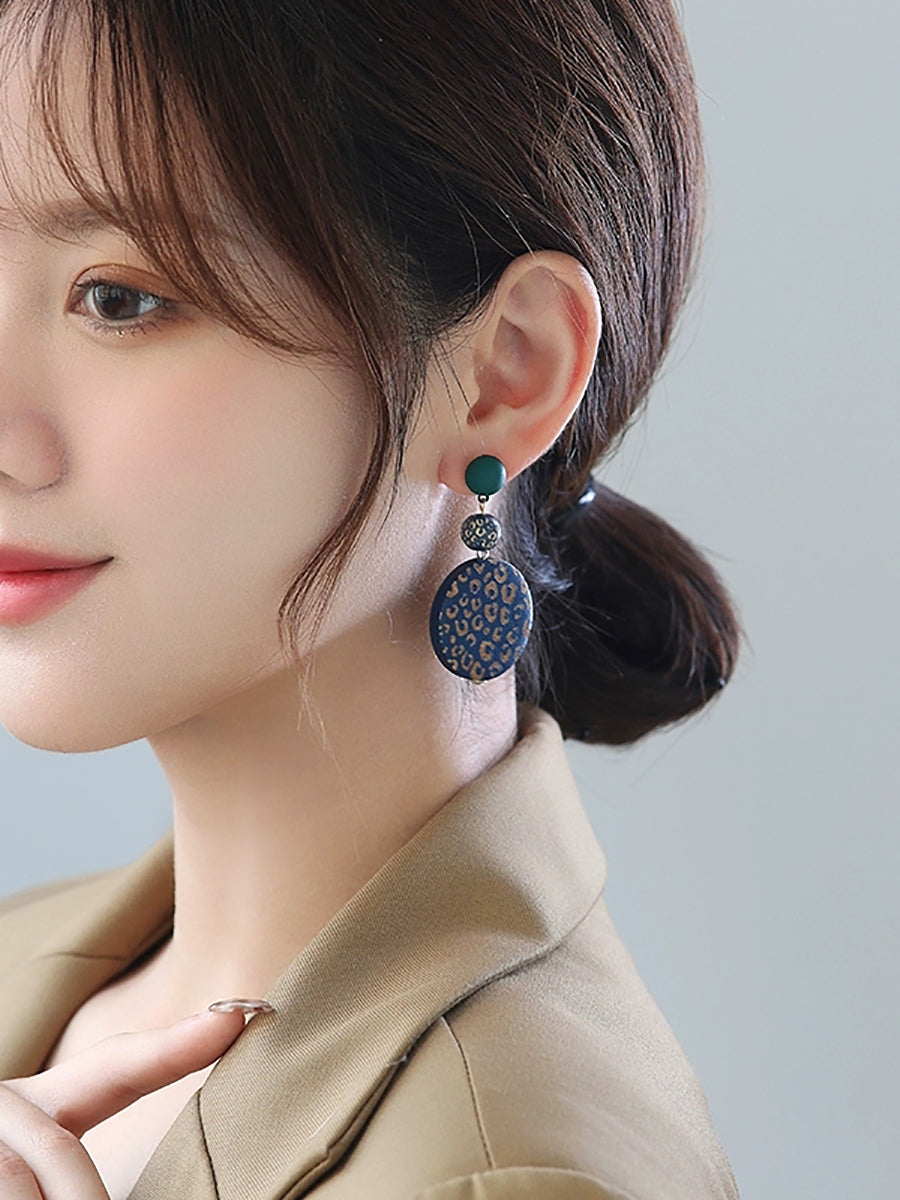 Earrings Women Vintage Round S925Sliver Wooden