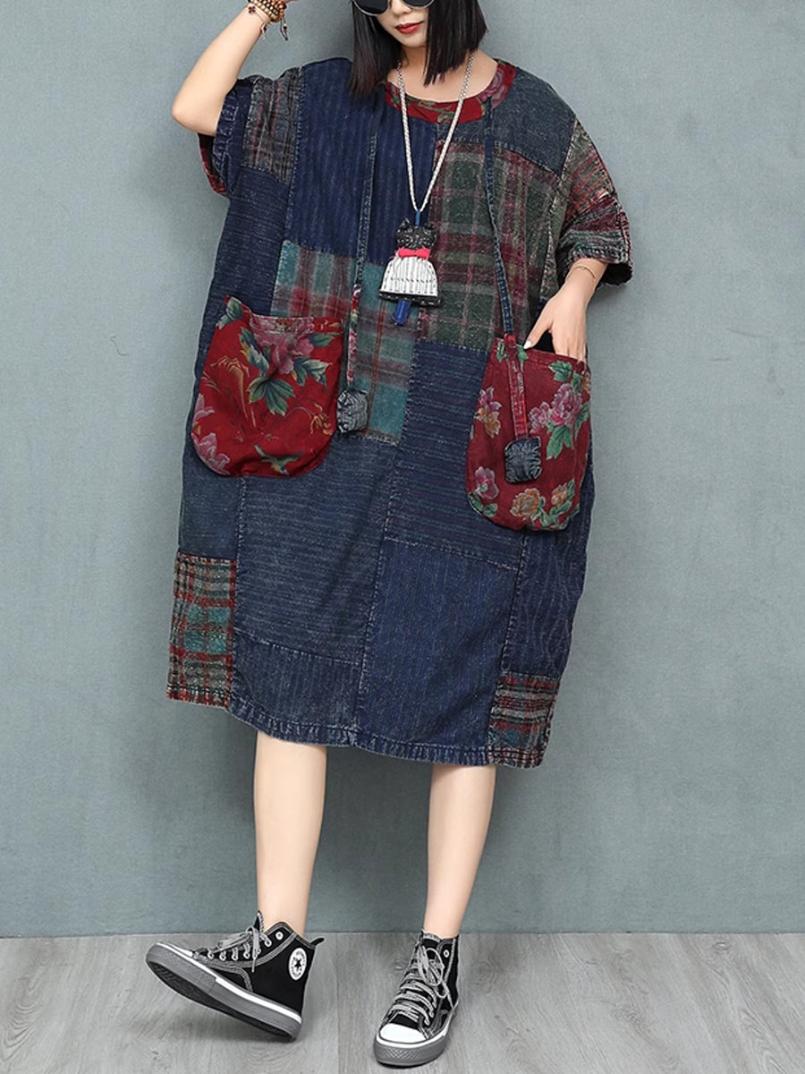 Patchwork Cotton Women Summer Retro O-Neck Dress