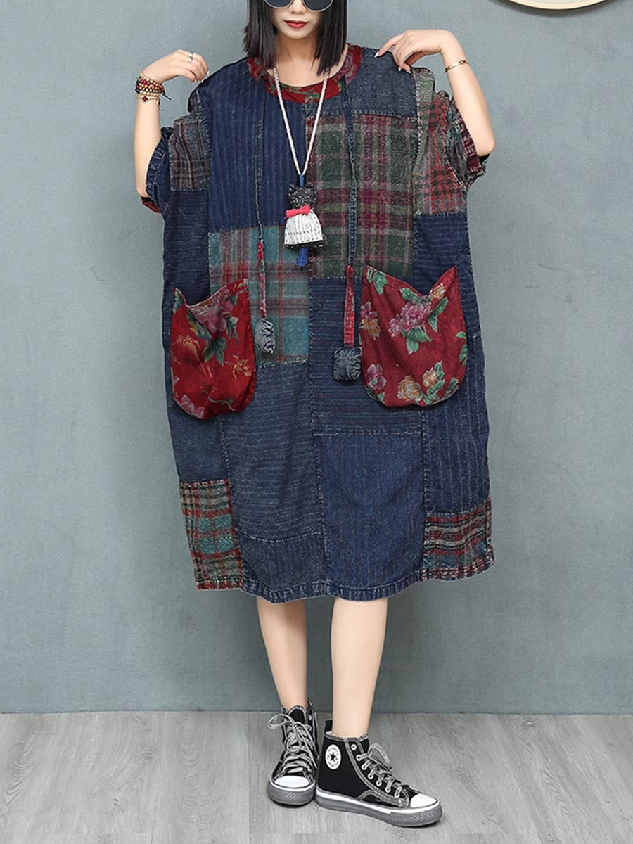 Patchwork Cotton Women Summer Retro O-Neck Dress