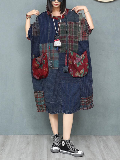 Patchwork Cotton Women Summer Retro O-Neck Dress