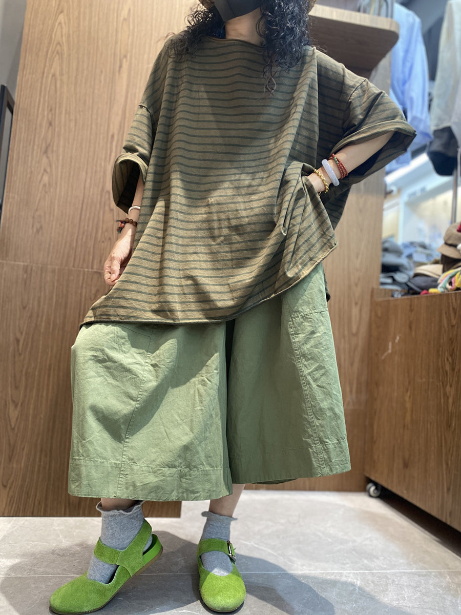 Cotton Shirt O-Neck Stripe Summer Casual Women