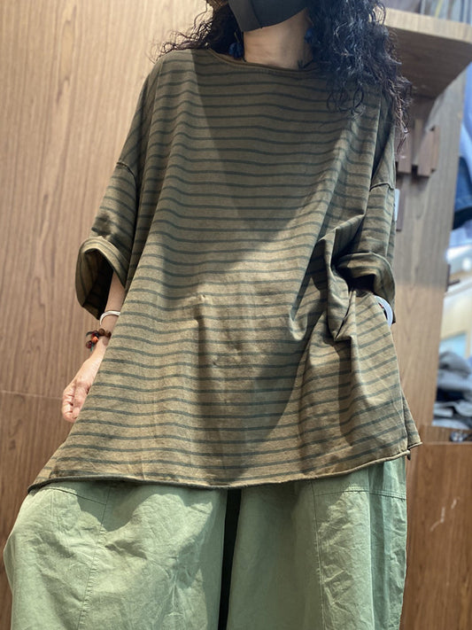 Cotton Shirt O-Neck Stripe Summer Casual Women