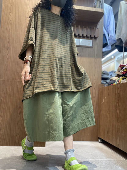 Cotton Shirt O-Neck Stripe Summer Casual Women